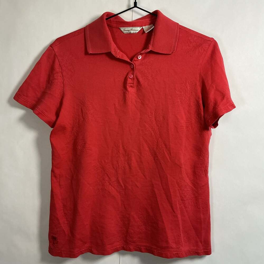 Tommy Bahama Women's Red Short Sleeve Polo Shirt with Textured Floral Pattern